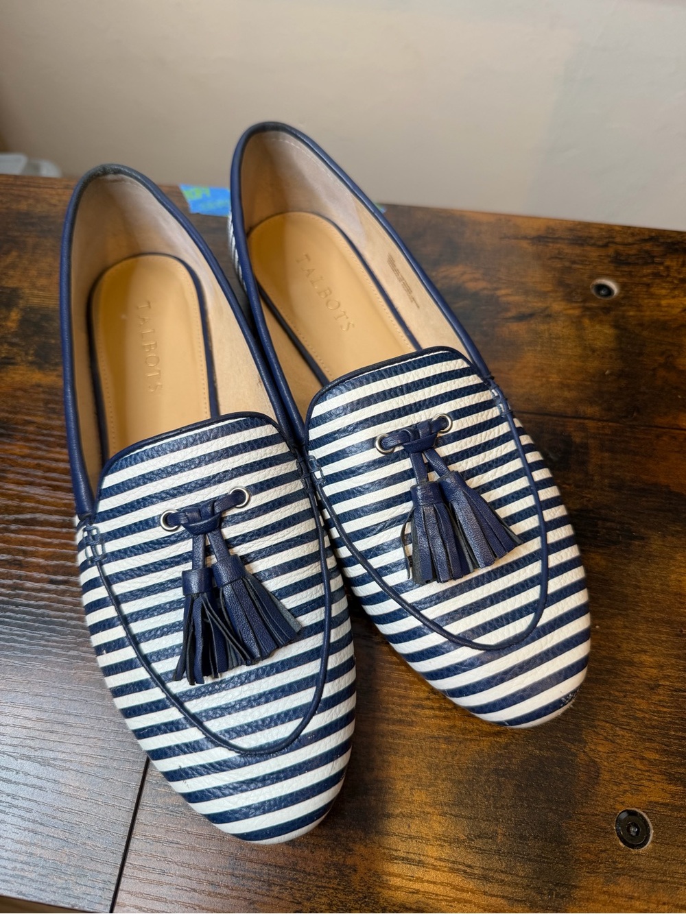 Talbots Ryan Tassel Pebbled Leather Loafers Preppy blue white stipes Size 10 M